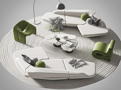 Modular White Sofa Set with Green Accent Chairs Round Rug and Coffee Table Throw Pillows 3d model