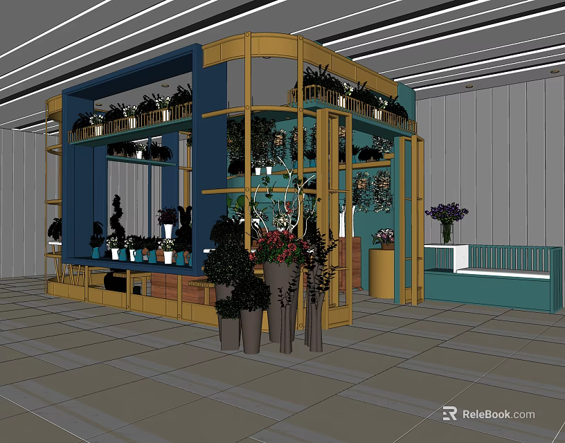 Plant Shop Interior With Colorful Display Shelves And Various Potted Greenery 3d model 