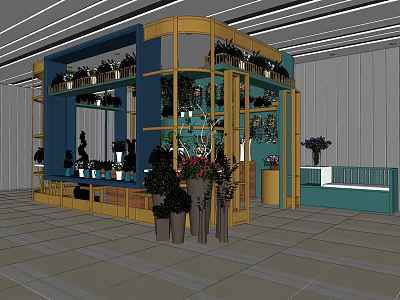 Plant Shop Interior With Colorful Display Shelves And Various Potted Greenery 3d model