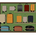 Various Colorful Suitcases in Different Sizes on Wooden Shelves with Green Wall
