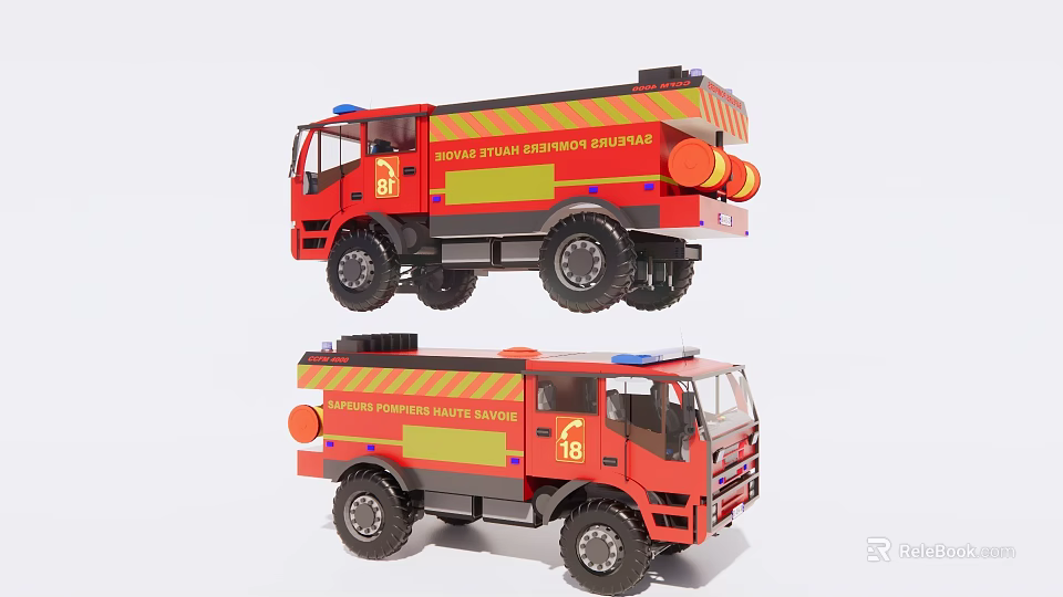 Red Fire Truck Functional Vehicle Model With Yellow Text And Number 18 3d model 