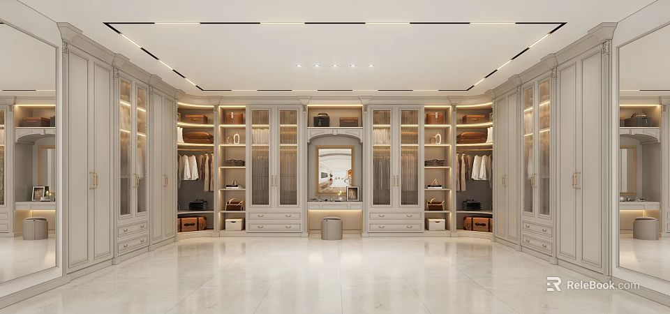Modern Walk in Closet Interior Design With Cabinets Mirrors And Lighting 3d model