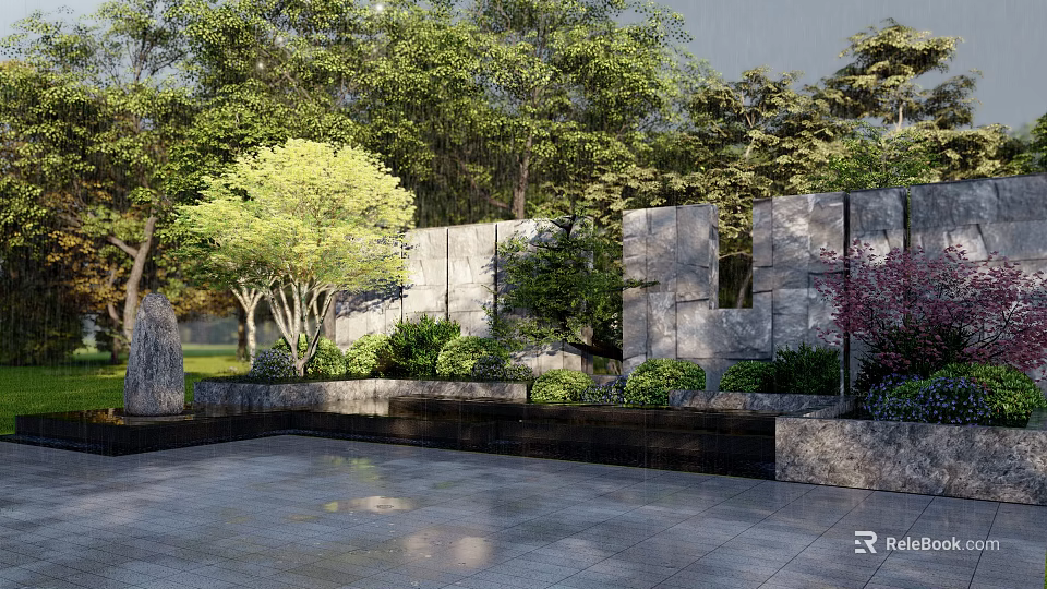 Modern Landscape Wall With Stone Panels Surrounded By Green Plants And Trees In Outdoor Courtyard 3d model 