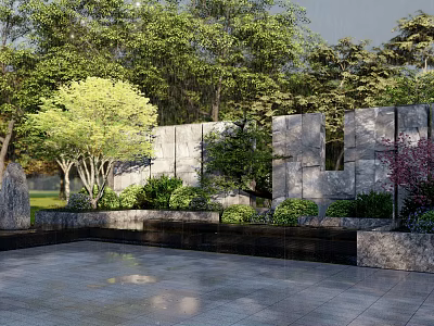 Modern Landscape Wall With Stone Panels Surrounded By Green Plants And Trees In Outdoor Courtyard 3d model