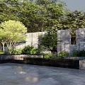 Modern Landscape Wall With Stone Panels Surrounded By Green Plants And Trees In Outdoor Courtyard