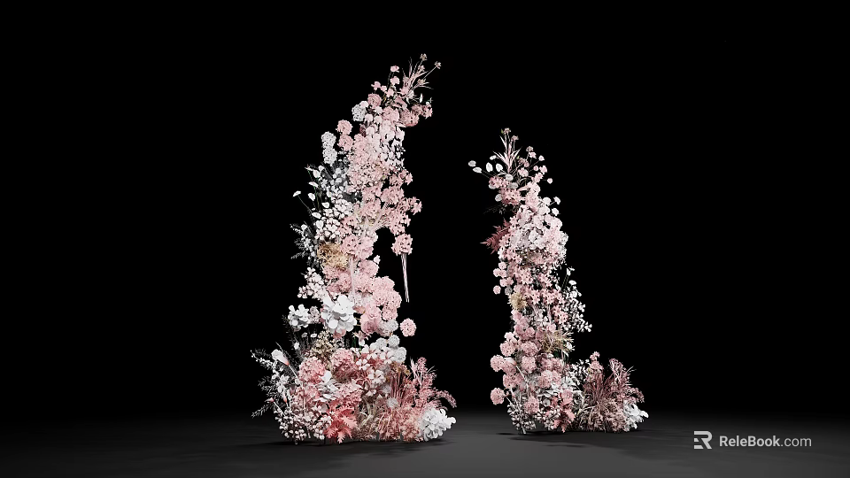 Elegant Floral Installation Double Arches With Pink And White Flowers Greenery Event Decor 3d model 