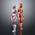 Two Sleek Humanoid Game and Movie Characters With Silver and Red Futuristic Armor