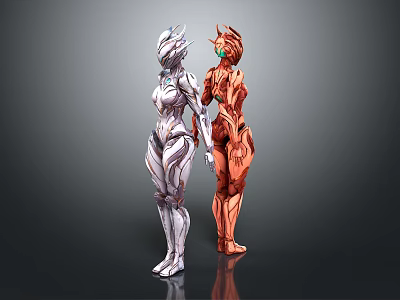 Two Sleek Humanoid Game and Movie Characters With Silver and Red Futuristic Armor 3d model