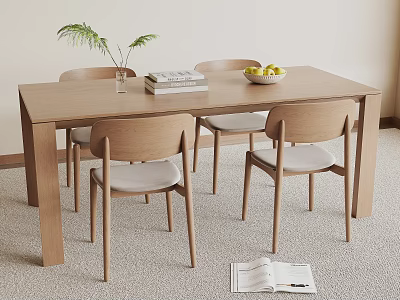 Wooden Dining Table With Four Chairs Green Plant Books And Fruits Bowl In Simple Modern Style 3d model