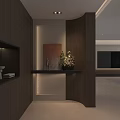 Modern Entryway Hallway With Wooden Walls Decorative Console Table Vase And Soft Lighting