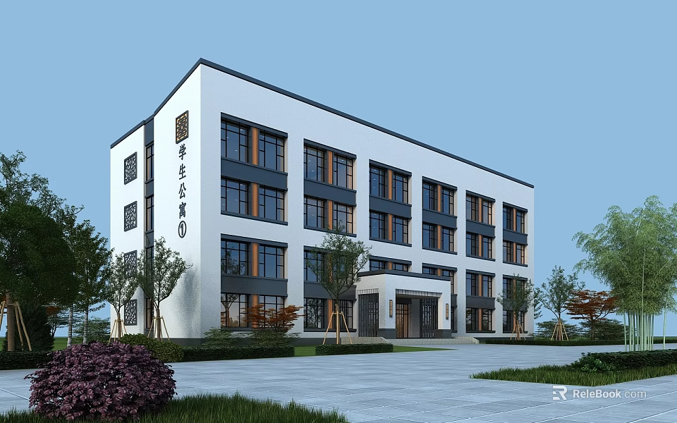 Multi Story School Building With White Exterior Black Window Frames Lawn Trees And Purple Bushes 3d model 