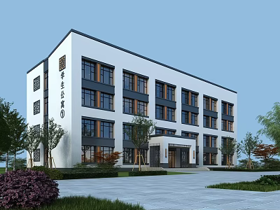 Multi Story School Building With White Exterior Black Window Frames Lawn Trees And Purple Bushes 3d model