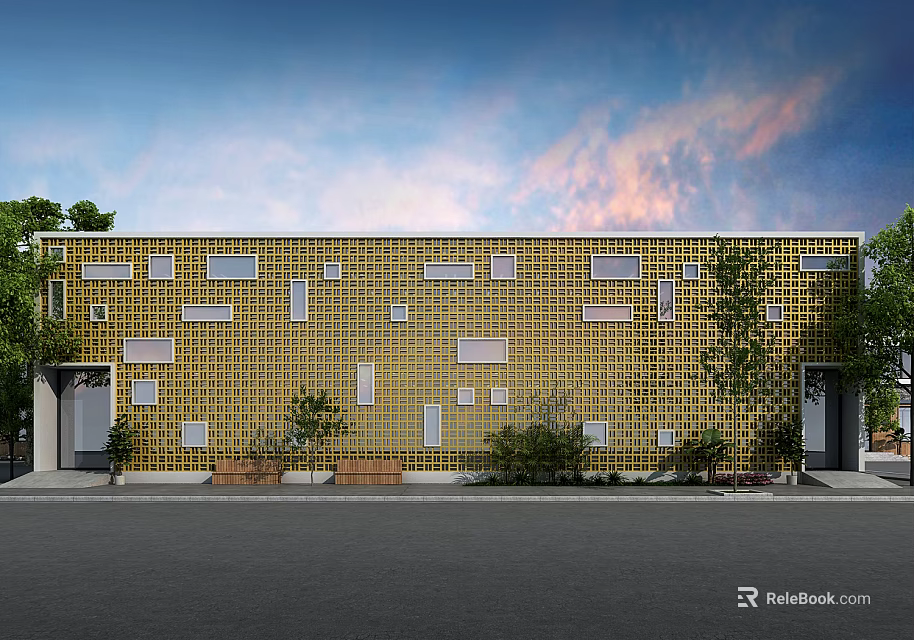 Yellow Building Exterior With Geometric Hollow Design And Plants Against Sunset Sky 3d model 