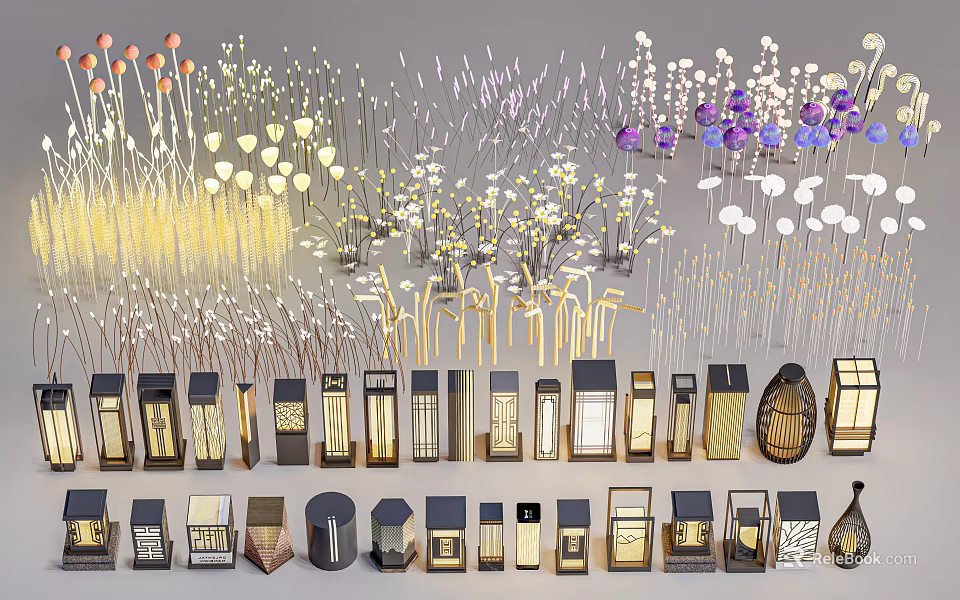 Various Stylish Outdoor Lights With Gold Black Colors And Decorative Designs For Garden Patio 3d model 
