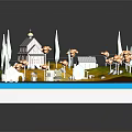 3D Rural Landscape With Cottages Green Trees Orange Shrubs White Caravan And Small River