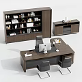 Dark Wooden Office Desk With Computer Monitor Files Black Chairs Side Bookshelf And Storage Cabinet