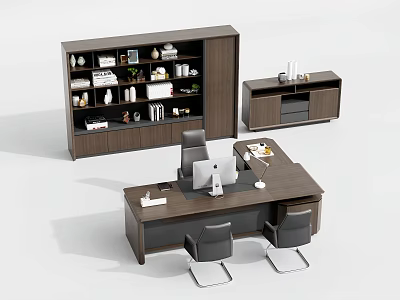 Dark Wooden Office Desk With Computer Monitor Files Black Chairs Side Bookshelf And Storage Cabinet 3d model