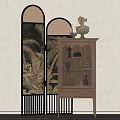 Traditional Wooden Decorative Cabinet with Open Shelves and Decorative Screen Displaying Statue and Vases