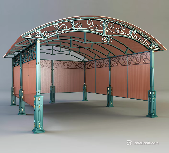 Ornate Pavilion Structure With Decorative Ironwork Arched Roof Green Columns And Red Panel Walls 3d model 