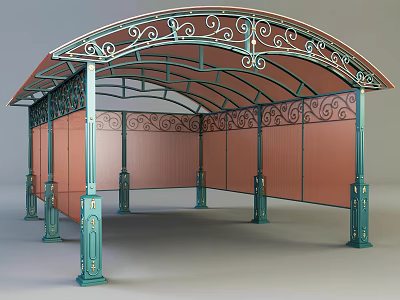 Ornate Pavilion Structure With Decorative Ironwork Arched Roof Green Columns And Red Panel Walls 3d model