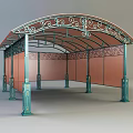 Ornate Pavilion Structure With Decorative Ironwork Arched Roof Green Columns And Red Panel Walls