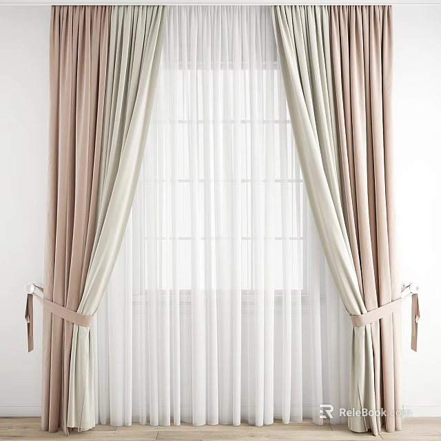 Pastel Pink And Beige Curtains With White Sheer Panels Tied By Ribbons On Window 3d model 