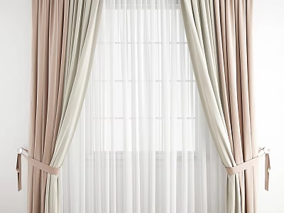 Pastel Pink And Beige Curtains With White Sheer Panels Tied By Ribbons On Window 3d model
