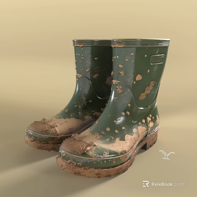 Muddy Short Olive Green Rubber Waterproof Rain Boots Designed For Outdoor Farming Rainy Days 3d model 