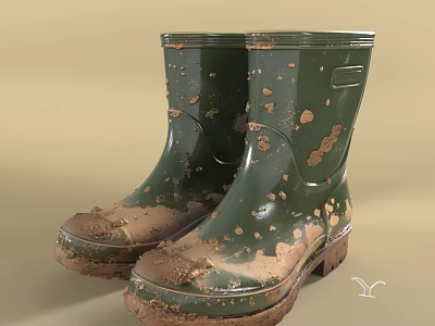 Muddy Short Olive Green Rubber Waterproof Rain Boots Designed For Outdoor Farming Rainy Days 3d model