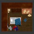 Colorful Cartoon Room Scene with Brick Wall Bed Shelf Wardrobe Desk And Scattered Toys