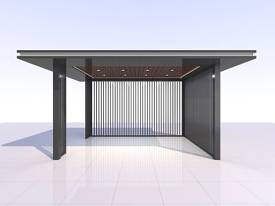 Modern Architectural Structure With Black Pillars Metal Roof Wooden Ceiling Vertical Slatted Screen And Lighting 3d model