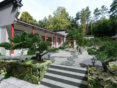 Traditional Chinese Ancient Architecture Courtyard With Stone Pathway Pine Trees And Lanterns 3d model