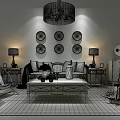 Modern Sofa And Coffee Table Set In Living Room With Blue Striped Wall Decorative Plates