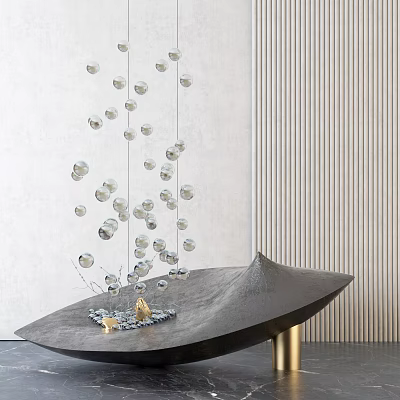 Modern Sculpture Artwork With Hanging Transparent Spheres Irregular Black Base And Golden Details 3d model