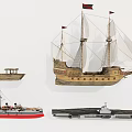 Classic Wooden Ship With Tall Masts And White Sails On Calm Sea