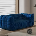 Blue Two Seater Sofa Plush Puffed Design With Window Blinds Floor Lamp And Knitted Rug