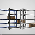 Multi Tier Storage Display Shelves In Blue Black And Grey With Cardboard Boxes