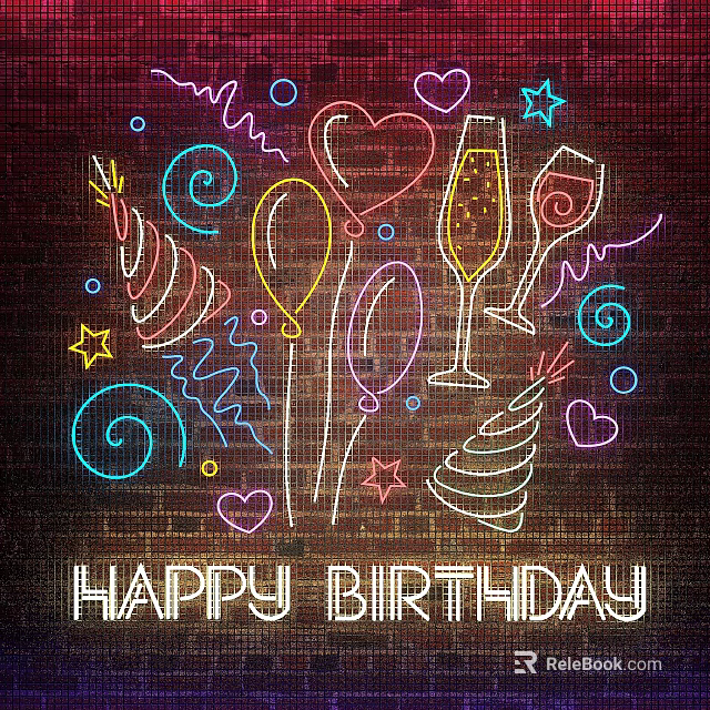 Vibrant Neon Decorative Lights for Birthday Party with Balloons Hearts Champagne Glasses and Swirls on Brick Wall 3d model 