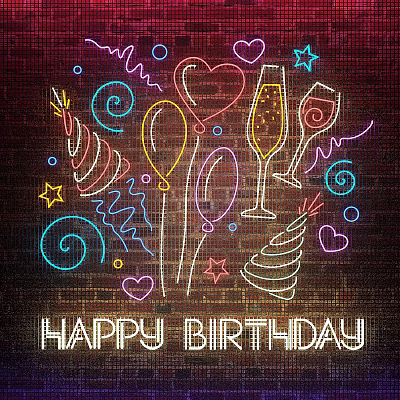 Vibrant Neon Decorative Lights for Birthday Party with Balloons Hearts Champagne Glasses and Swirls on Brick Wall 3d model