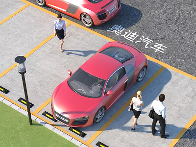 Red Audi Car Parked in Parking Lot with People Walking Nearby 3d model