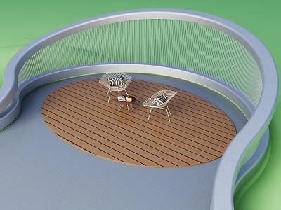 Outdoor Relaxation Space With Circular Wooden Deck Curved Mesh Railing Two Chairs And Small Table 3d model