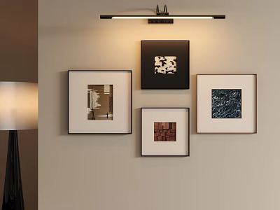 Elegant Interior Wall With Four Framed Artworks And Modern Floor Lamp Decor 3d model