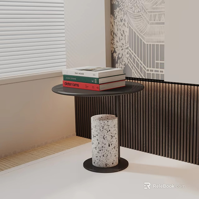 Modern Side Table With Black Tabletop Terrazzo Base And Stack Of Books In Minimalist Interior 3d model 