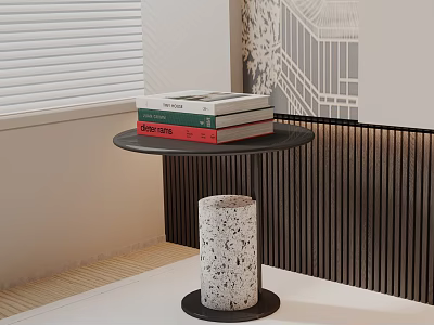 Modern Side Table With Black Tabletop Terrazzo Base And Stack Of Books In Minimalist Interior 3d model