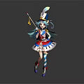 Game Anime Character With Blue Hair Feathered Hat And Magic Staff In Colorful Dress