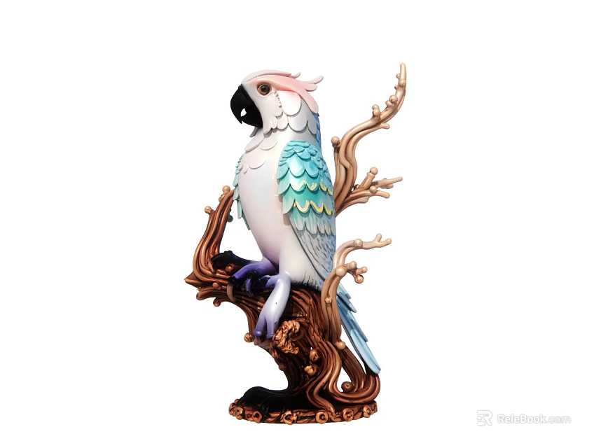 Decorative Ornament Set With White Blue Pink Feathered Parrot On Carved Brown Branch 3d model 