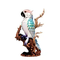 Decorative Ornament Set With White Blue Pink Feathered Parrot On Carved Brown Branch