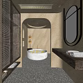 Serene Bathroom Interior With Round Concrete Bathtub Yellow Petals Warm Lighting Textured Walls And Mirror