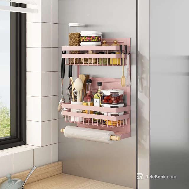 Wall Mounted Pink Bathroom Cabinet Rack with Multiple Shelves and Paper Towel Holder 3d model 