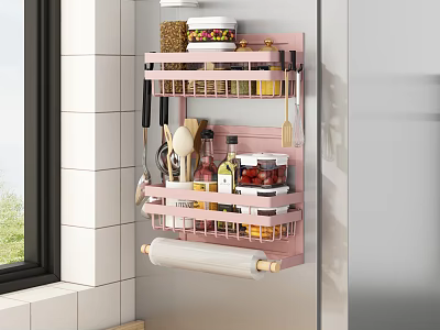 Wall Mounted Pink Bathroom Cabinet Rack with Multiple Shelves and Paper Towel Holder 3d model